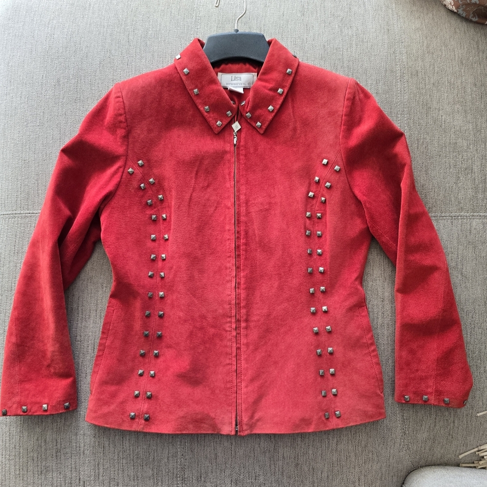 Lisa International 80's Vintage Red Studded Suede Leather Jacket Women's Small